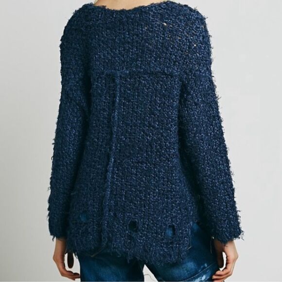 Free People Up The Ladder Distressed Open Knit PullOn Sweater Washed Navy Blue M - Picture 3 of 16